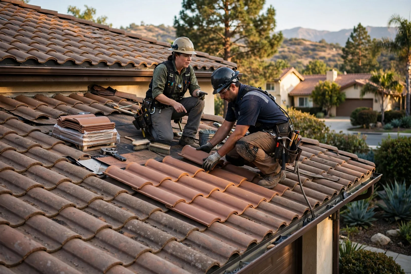 Replacement tile sections matched to existing roof field on a residential property