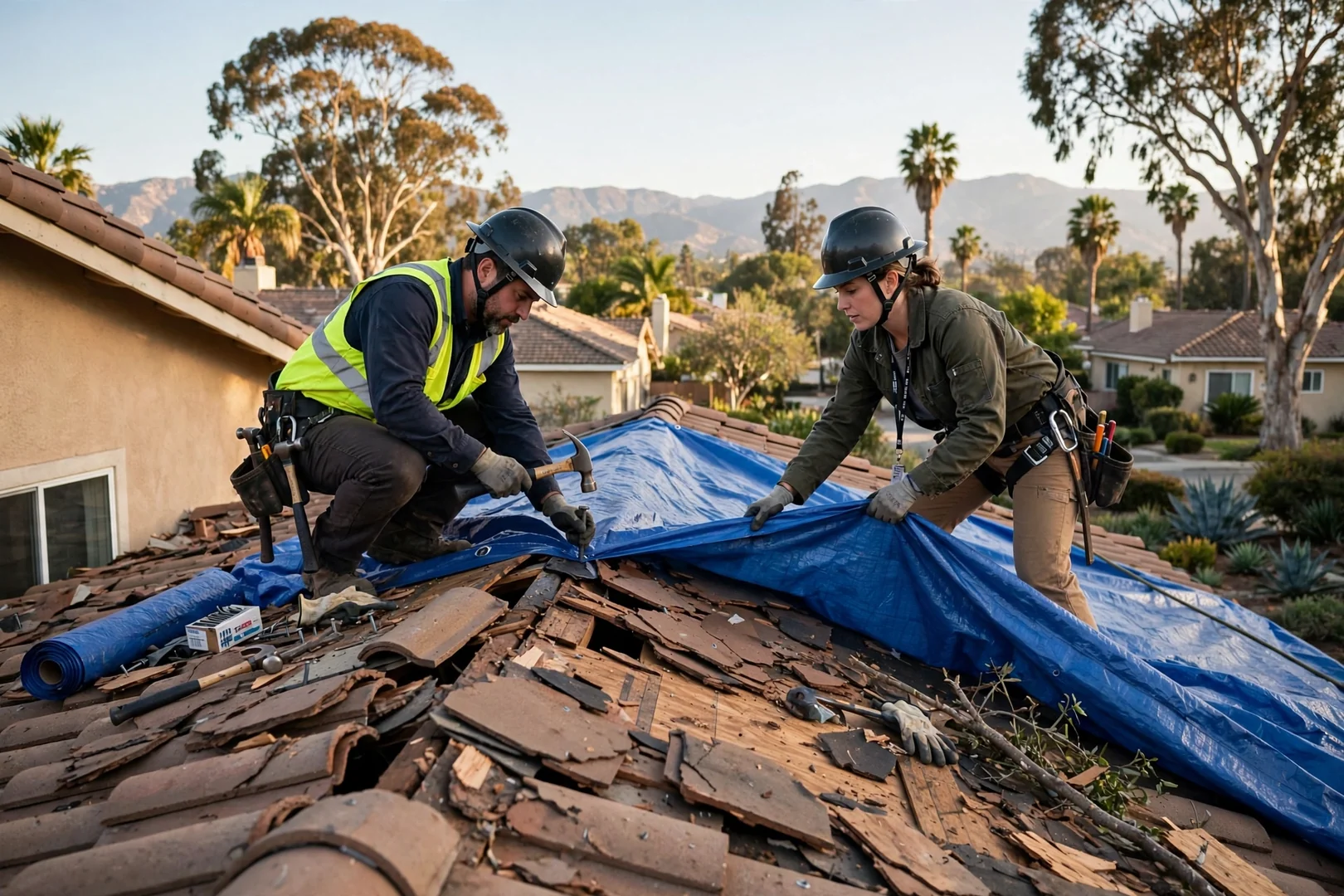 Crew tarping a wind-damaged roof section to prevent interior water intrusion